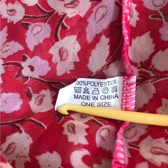 Kimono Duster Red Pink Floral Semi Sheer Open Front Flowy Chiffon Women One Size - Picture 11 of 13